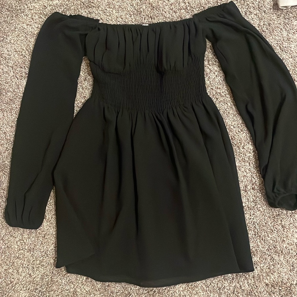 off the shoulder black mini dress